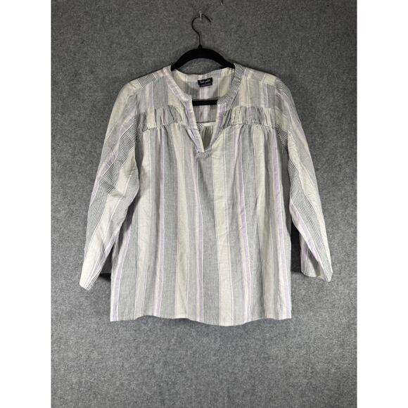Splendid‎ Top Women Medium Blue Striped Long Sleeve V Neck Linen Blend Coastal - Picture 1 of 7